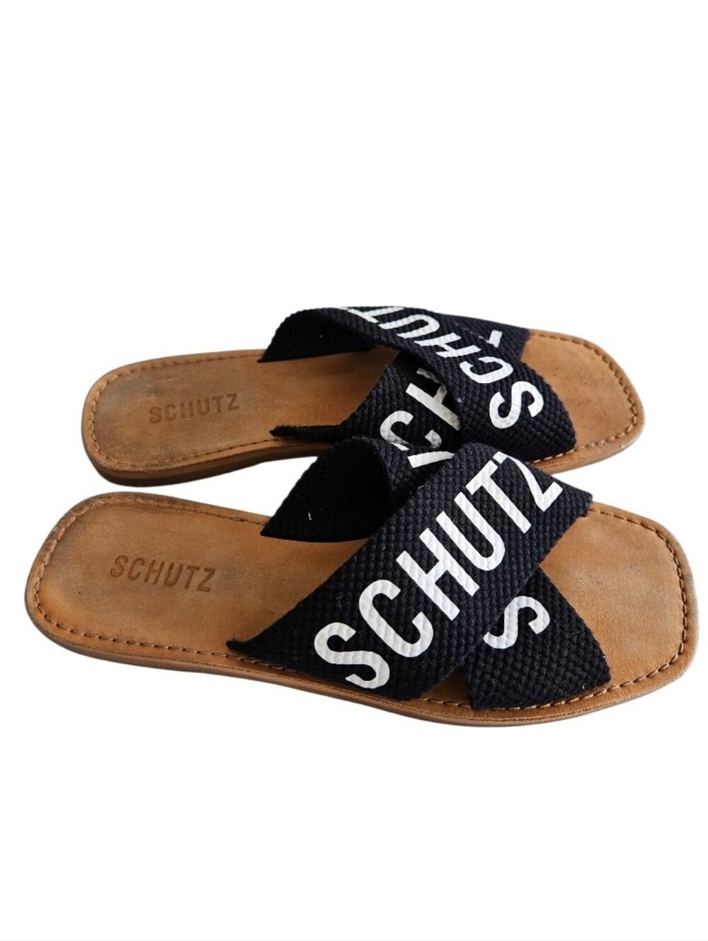 SCHUTZ Black and White Crossband Logo Slide Sandals - Picture 5 of 6